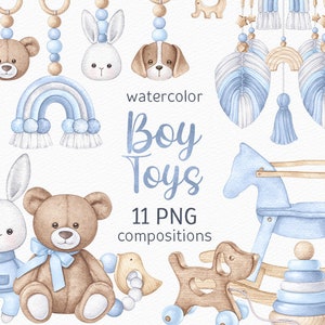 Baby Aquarell Clipart Boho Kinderzimmer PNG Blau Babyparty Clipart Handbemalt Niedliche Designs Kinder Geburtstag Holzspielzeug Neugeborenen Einladung