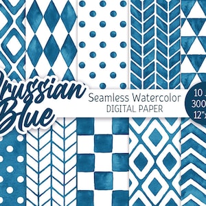 May include: Ten digital paper designs in Prussian blue and white. The patterns include polka dots, diamonds, squares, chevrons, and triangles. Seamless watercolor patterns are 12 inches by 12 inches and 300 DPI.