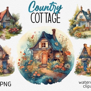 Country Cottage Watercolor Clipart Cute Country House PNG bundle Cottage clipart Scrapbooking Vintage Cottagecore clipart instant download