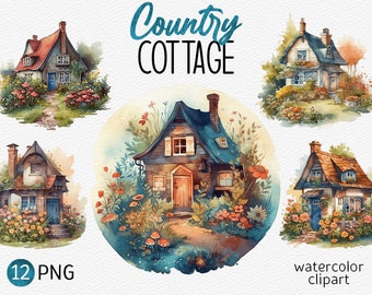 Country Cottage Watercolor Clipart Cute Country House PNG paquete Cottage clipart Scrapbooking Vintage Cottagecore clipart descarga instantánea
