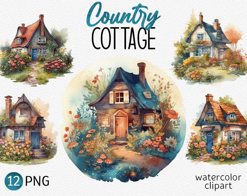 Country Cottage Watercolor Clipart Cute Country House PNG Bundle ...
