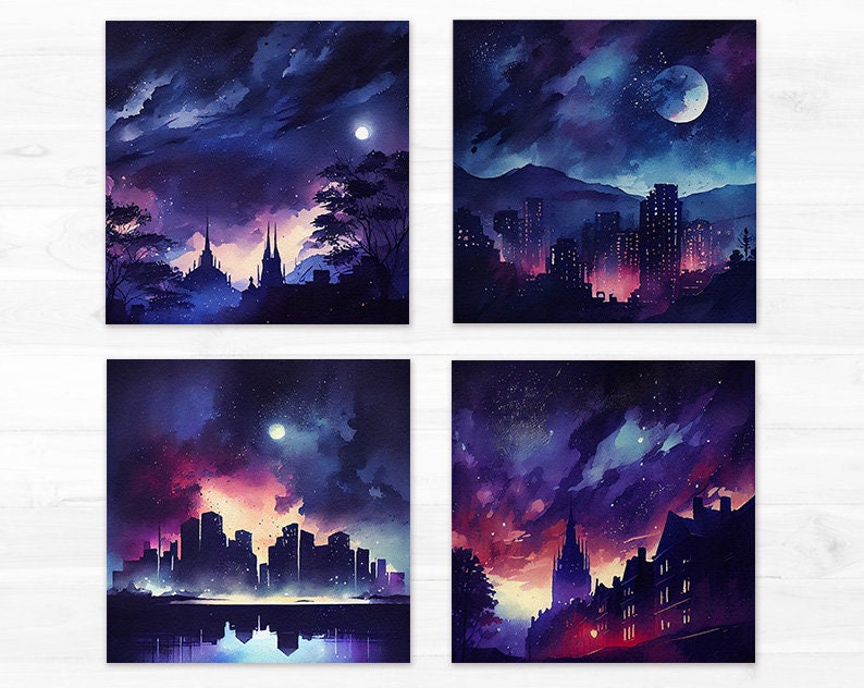 City Night Digital Paper Pack Watercolor Galaxy Moon Printable ...
