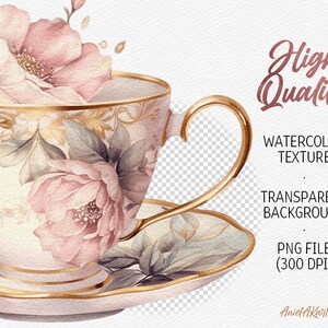 May include: A watercolor illustration of a teacup and saucer with pink and green floral designs. The teacup has a gold rim and the saucer has a gold rim and a floral design. The background is transparent.