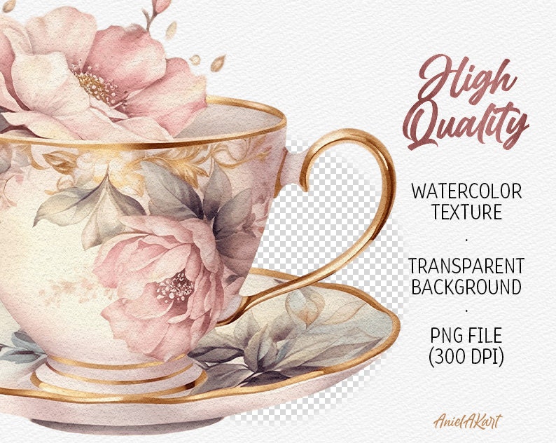 May include: A watercolor illustration of a teacup and saucer with pink and green floral designs. The teacup has a gold rim and the saucer has a gold rim and a floral design. The background is transparent.