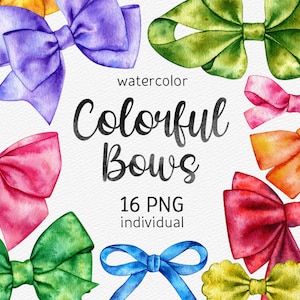 Watercolor Bow Clipart Hand Painted Multicolor Bows Colorful Digital Scrapbooking Printable planner stickers DIY elements PNG commercial use