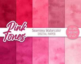 May include: 10 digital papers featuring seamless watercolor patterns in shades of pink. The papers are 12 inches by 12 inches and 300 DPI. The text "Pink Tones" is in a white box at the top of the image.