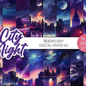 City Night Digital Paper Pack Aquarel Galaxy Moon Printable Scrapbooking Paper Stars Sky Celestial background Uitnodigingen commercieel gebruik