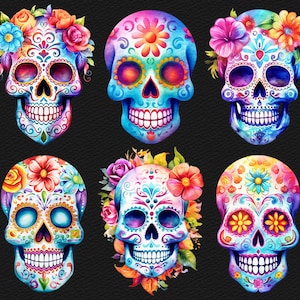 May include: Six colorful sugar skulls with floral decorations. The skulls are painted in various shades of blue, pink, yellow, and green. Each skull has intricate details and a unique floral design.