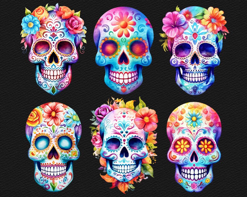 May include: Six colorful sugar skulls with floral decorations. The skulls are painted in various shades of blue, pink, yellow, and green. Each skull has intricate details and a unique floral design.