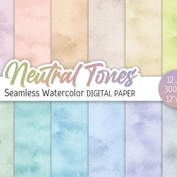 Neutral Watercolor Digital Paper Pack Pastel Bohemian Hues Seamless Pattern Printable Scrapbooking Paper Soft Natural background Boho tones