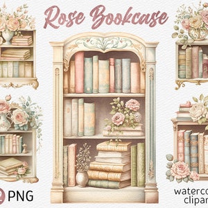 Watercolor Rose Bookcase Clipart Bundle Light Academia PNG Bookshelf ...