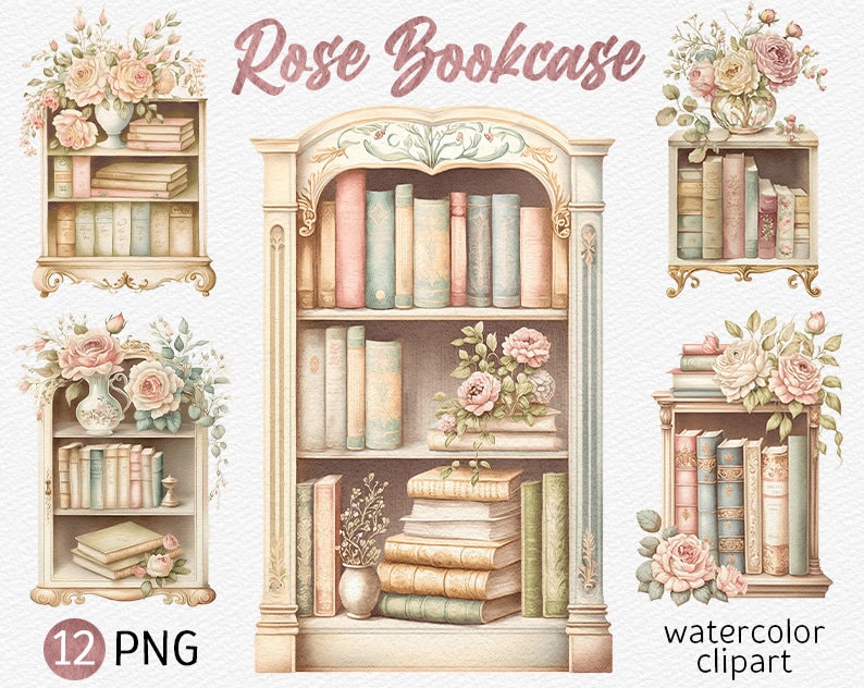 Watercolor Rose Bookcase Clipart Bundle Light academia PNG Bookshelf Floral Book clipart Romantic Flower Cozy aesthetic Commercial download