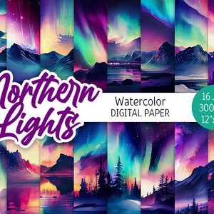 Northern Lights Digital Paper Pack aquarel Aurora Borealis afdrukbare scrapbooking papier Fantasy nachtelijke hemel landschap achtergrond downloaden