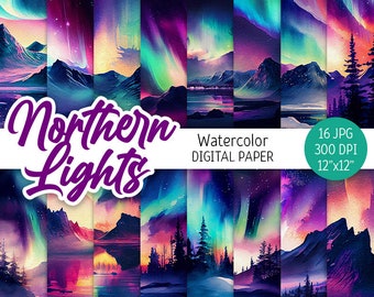 Northern Lights Digital Paper Pack Watercolor Aurora Borealis Printable Scrapbooking Paper Fantasy Night Sky Landscape background download