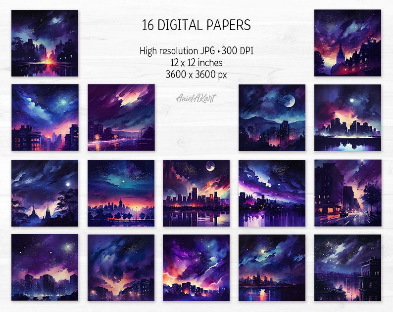 City Night Digital Paper Pack Watercolor Galaxy Moon Printable ...