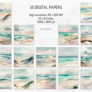 Watercolor Ocean Wave Digital Paper Pack Summer Beach Printable Scrapbooking Paper Seascape Wedding background Invitations digital download image 2