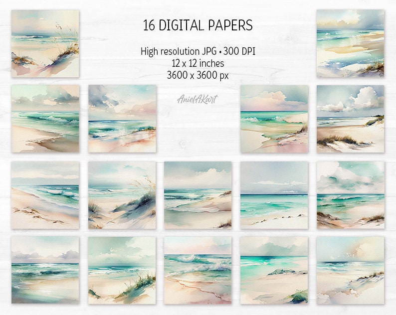 Watercolor Ocean Wave Digital Paper Pack Summer Beach Printable Scrapbooking Paper Seascape Wedding background Invitations digital download image 2