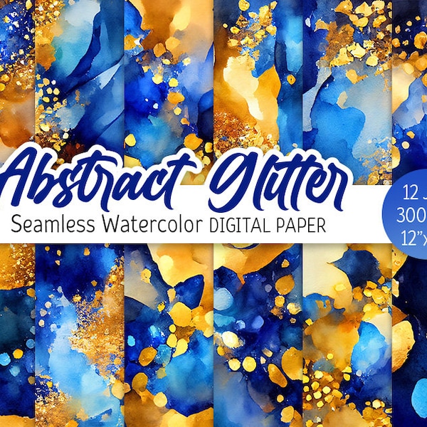 Blue and Gold Digital Paper Pack Watercolor Abstract Blue Seamless Pattern Glitter Printable Scrapbooking Paper Gold Foil background Shimmer