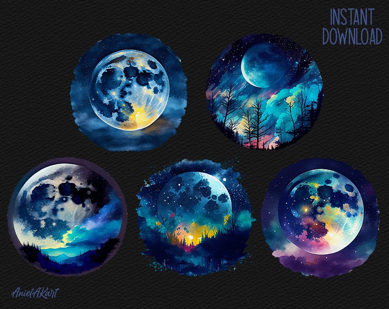 Watercolor Full Moon Clipart Bundle Magic Starry Night PNG Cozy ...