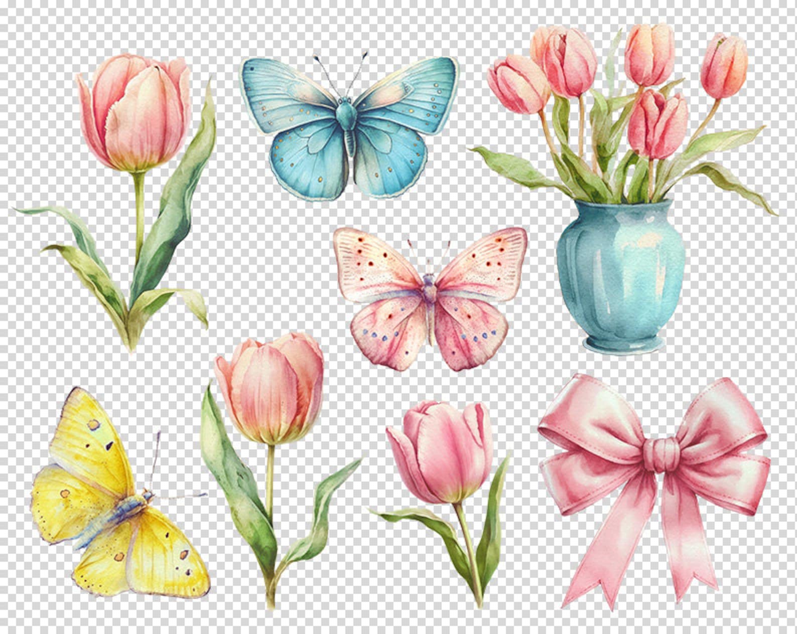 Watercolor Tulip Clipart, Pink Tulip PNG, Scrapbooking Clipart Bundle ...