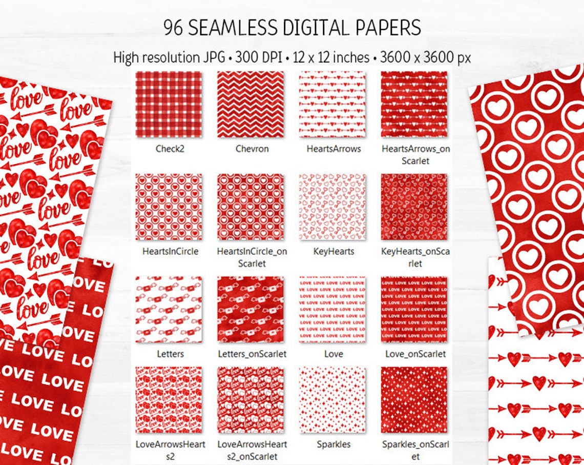 Red White Valentine Day Digital Paper Bundle Watercolor Love Seamless ...