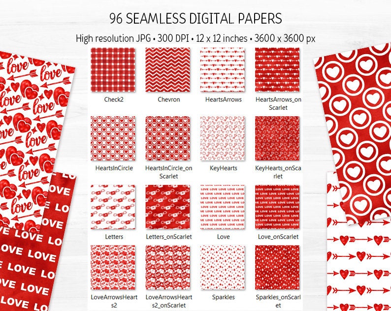 Red White Valentine Day Digital Paper Bundle Watercolor Love Seamless ...