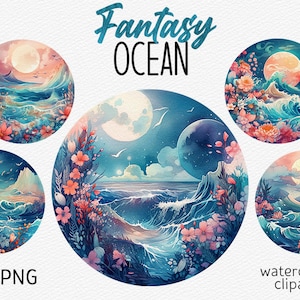 Aquarel Fantasy Oceaan Clipart Bundel Zee Golven PNG Gezellige esthetische Zeegezicht PNG Zomervakantie PNG Rust Maan Nacht Zee Instant Download