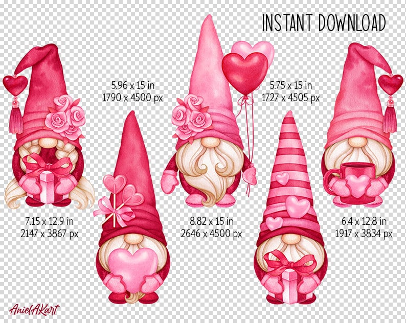 Valentine Gnomes PNG Clipart Watercolor Valentine's Day PNG Handpainted ...