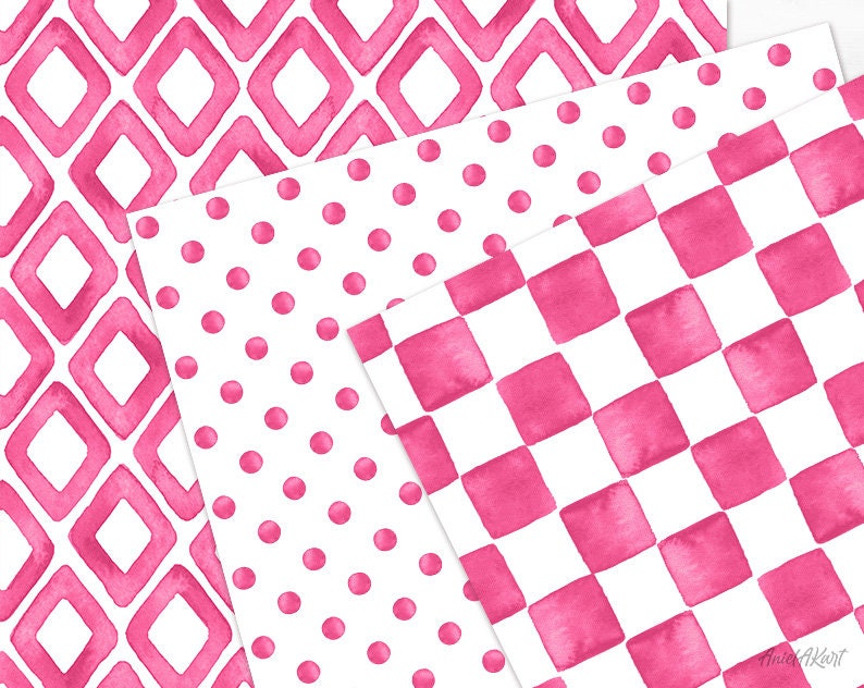 French Pink Geometric Pattern Watercolor Seamless Digital Paper Pack ...