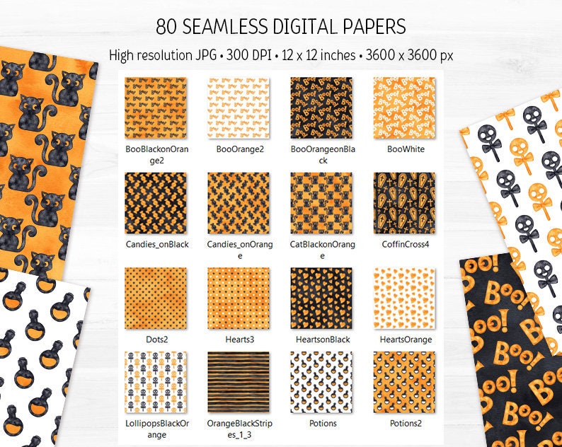 Black & Orange Halloween Digital Paper Pack Watercolor Seamless Pattern ...