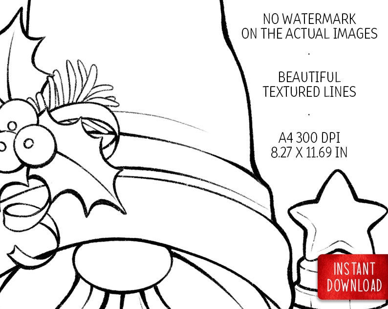 Op de afbeelding: Zwart-witte lijntekening van een kerstgnome met een hoed met hulst en bessen. De gnome houdt een ster in zijn hand. De afbeelding is 8,27 inch bij 11,69 inch en 300 DPI.