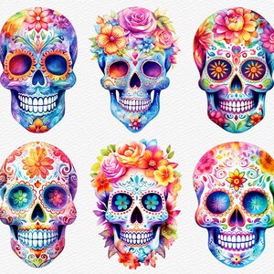 May include: Six colorful sugar skulls with floral designs. The skulls are painted in bright colors, including pink, blue, green, yellow, and orange. Each skull has a different floral design, with flowers like roses, daisies, and lilies.