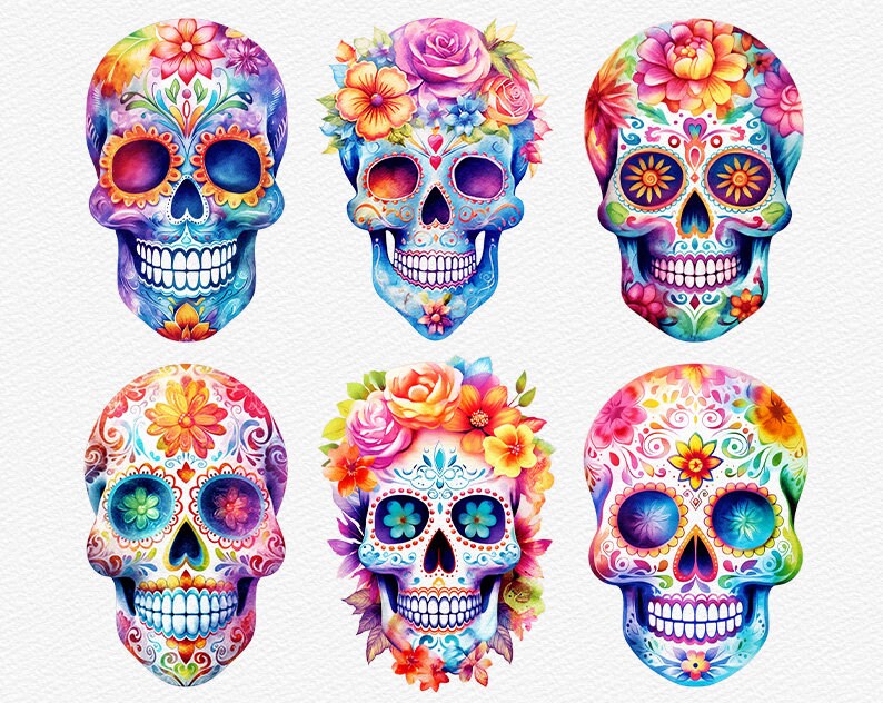 May include: Six colorful sugar skulls with floral designs. The skulls are painted in bright colors, including pink, blue, green, yellow, and orange. Each skull has a different floral design, with flowers like roses, daisies, and lilies.