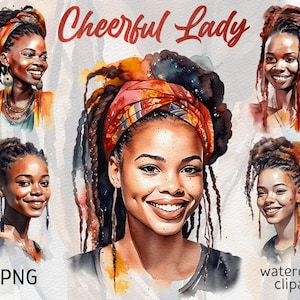 Femme noire Clipart aquarelle mélanine noir Afro Girl PNG femmes afro-américaines bundle PNG Cheerful Lady Dread Loc Scrapbooking numérique