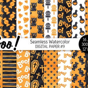 May include: A set of 16 digital papers featuring various Halloween themed patterns in black, orange, and white. The patterns include candy corn, potion bottles, skulls, hearts, and the word "Boo!" in a variety of styles.