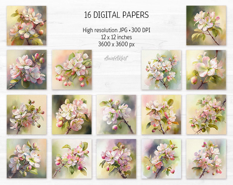 Watercolor Apple Blossom Digital Paper Pack Flower Bloom - Etsy
