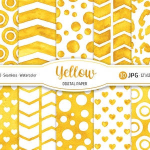 Confezione di carta digitale gialla Modello senza cuciture coriandoli acquerello Sfondo stampabile Baby shower ragazza Trama leopardo oro Cuore Chevron