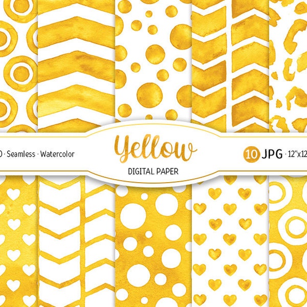 Yellow Digital Paper Pack Watercolor Confetti Seamless Pattern Printable background Baby shower girl Gold Leopard texture Heart Chevron