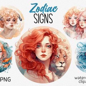 Aquarell Sternzeichen Clipart Astrologie PNG Scrapbooking Bundle PNG niedlich Horoskop Fantasy Mädchen Celestial PNG digitaler Download kommerziell