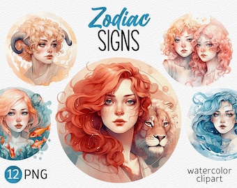 Watercolor Zodiac Sign Clipart Astrology PNG Scrapbooking bundle PNG Cute Horoscope Fantasy Girl Celestial PNG digital download commercial