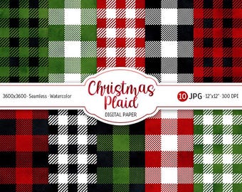 May include: Ten digital paper designs featuring seamless watercolor plaid patterns in red, green, black, and white. The patterns are 3600x3600 pixels and 300 DPI.