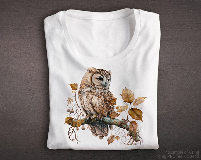 May include: A white t-shirt with a brown and white owl perched on a branch with brown leaves. The owl has large, round eyes and a detailed, realistic design.