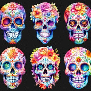May include: Six colorful sugar skulls with floral designs. The skulls are painted in shades of blue, pink, purple, and green. Each skull has intricate details and is decorated with flowers and other patterns.