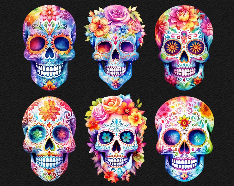 May include: Six colorful sugar skulls with floral designs. The skulls are painted in shades of blue, pink, purple, and green. Each skull has intricate details and is decorated with flowers and other patterns.