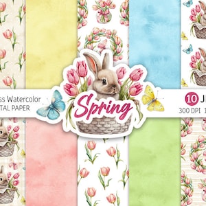 Spring Floral Digital Paper Pack Watercolor Easter Seamless Pattern Easter Bunny background Printable Scrapbooking Paper Commercial Use
