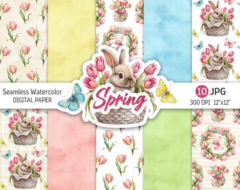 Spring Floral Digital Paper Pack Watercolor Easter Seamless Pattern Easter Bunny background Printable Scrapbooking Paper Commercial Use