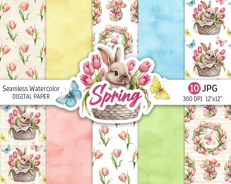 Spring Floral Digital Paper Pack Watercolor Easter Seamless Pattern ...