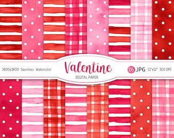 Akvarell Alla hjärtans dag digitalt papperspaket kärlek sömlöst mönster prickigt utskrivbart scrapbookingpapper ränder röd och rosa bakgrund gingham