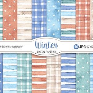 Pacchetto di carta digitale invernale per acquerello Tonalità invernali senza cuciture Modello a pois Carta stampabile per scrapbooking Sfondo a quadretti Trama di strisce