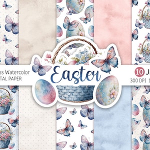 Easter Digital Paper Pack Watercolor Easter Seamless Pattern Printable Scrapbooking Paper Watercolor Pastel background Bird Egg Butterfly